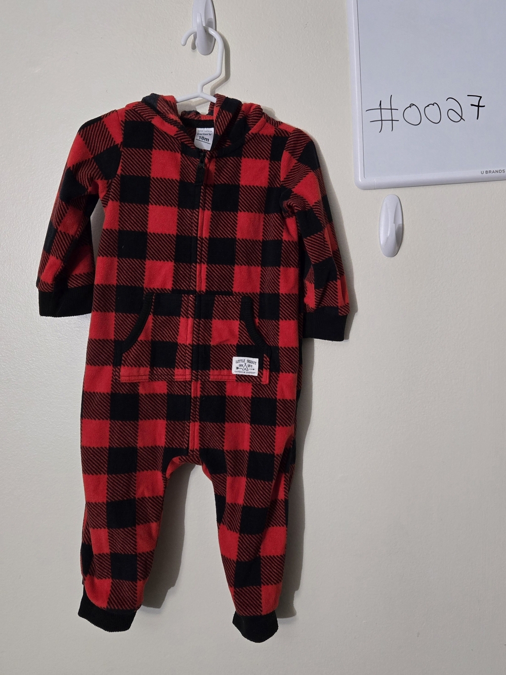 Carter's Red and Black Buffalo Plaid Hooded One-Piece Footie
